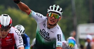 AUZANCES, FRANCE - AUGUST 13: Orluis Aular of Colombia and Team Caja Rural-Seguros RGA celebrates at finish line as stage winner during the 57th Tour du Limousin - Nouvelle Aquitaine 2024, Stage 1 a 174km stage from Boisseuil to Auzances on August 13, 2024 in Auzances, France. (Photo by Billy Ceusters/Getty Images)