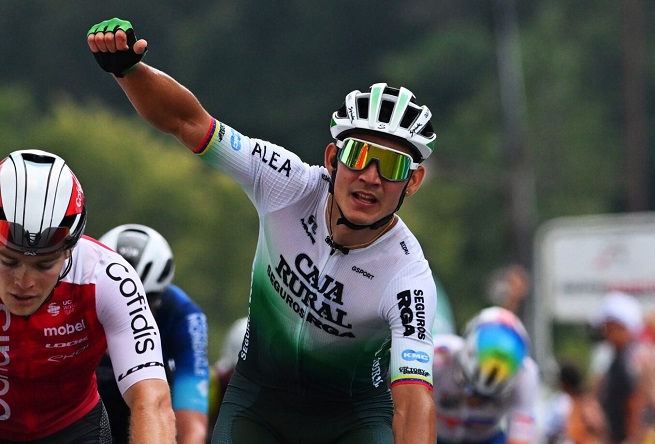 AUZANCES, FRANCE - AUGUST 13: Orluis Aular of Colombia and Team Caja Rural-Seguros RGA celebrates at finish line as stage winner during the 57th Tour du Limousin - Nouvelle Aquitaine 2024, Stage 1 a 174km stage from Boisseuil to Auzances on August 13, 2024 in Auzances, France. (Photo by Billy Ceusters/Getty Images)